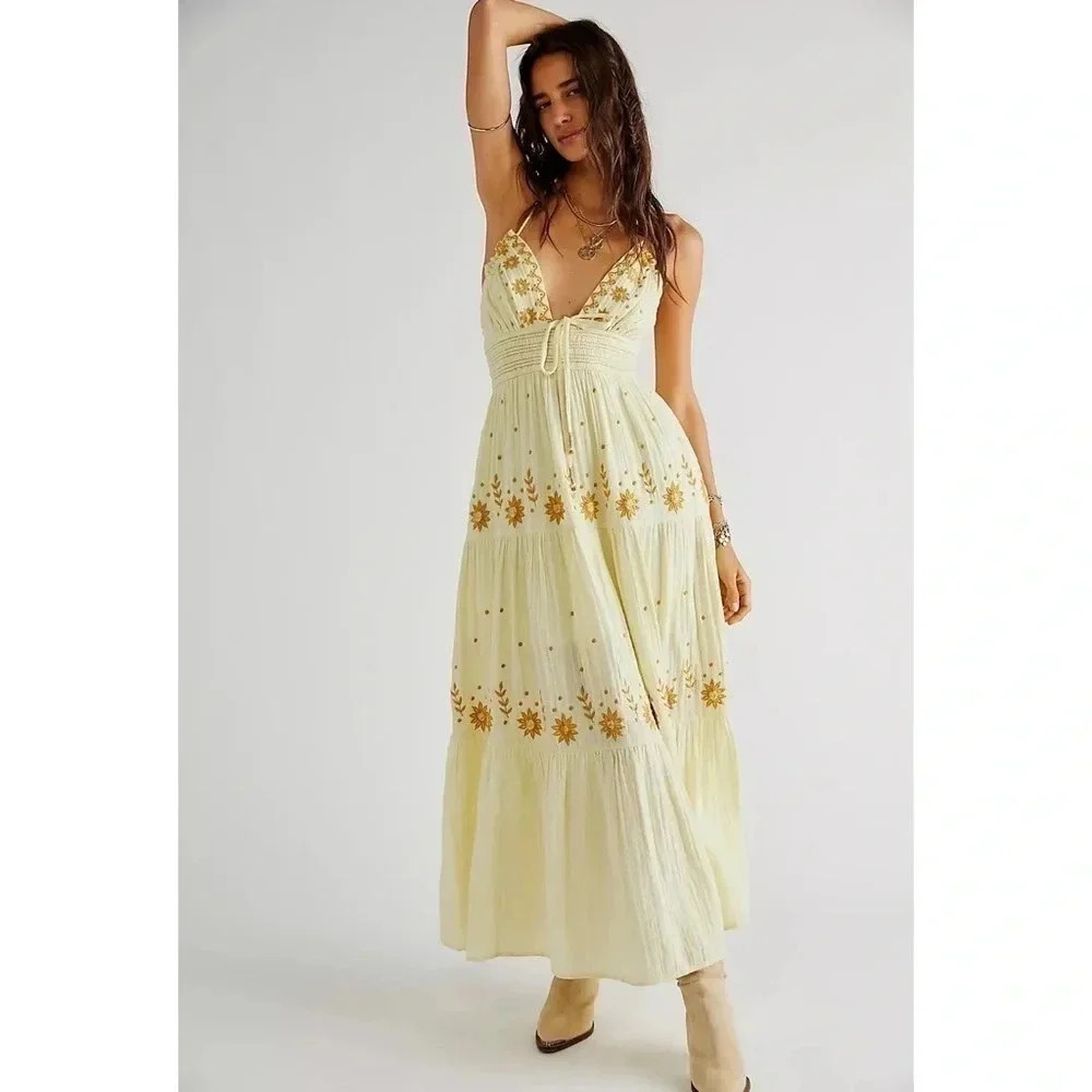 New Free People Real Love Embroidered Maxi Dress Electric Yellow XL